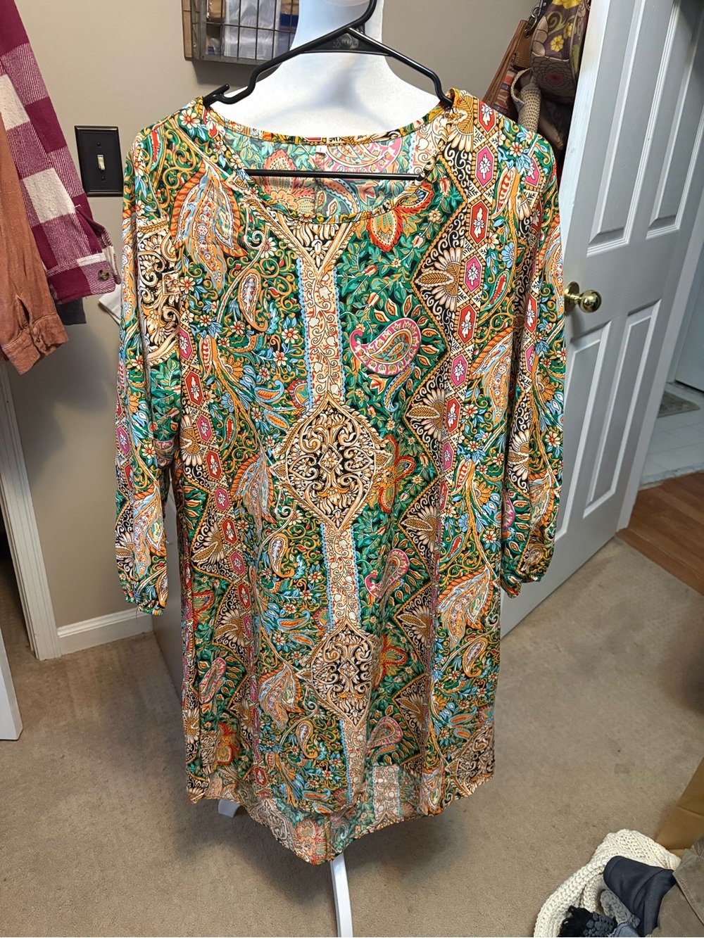 Green Paisley boho Tunic dress Women's Long Sleeve